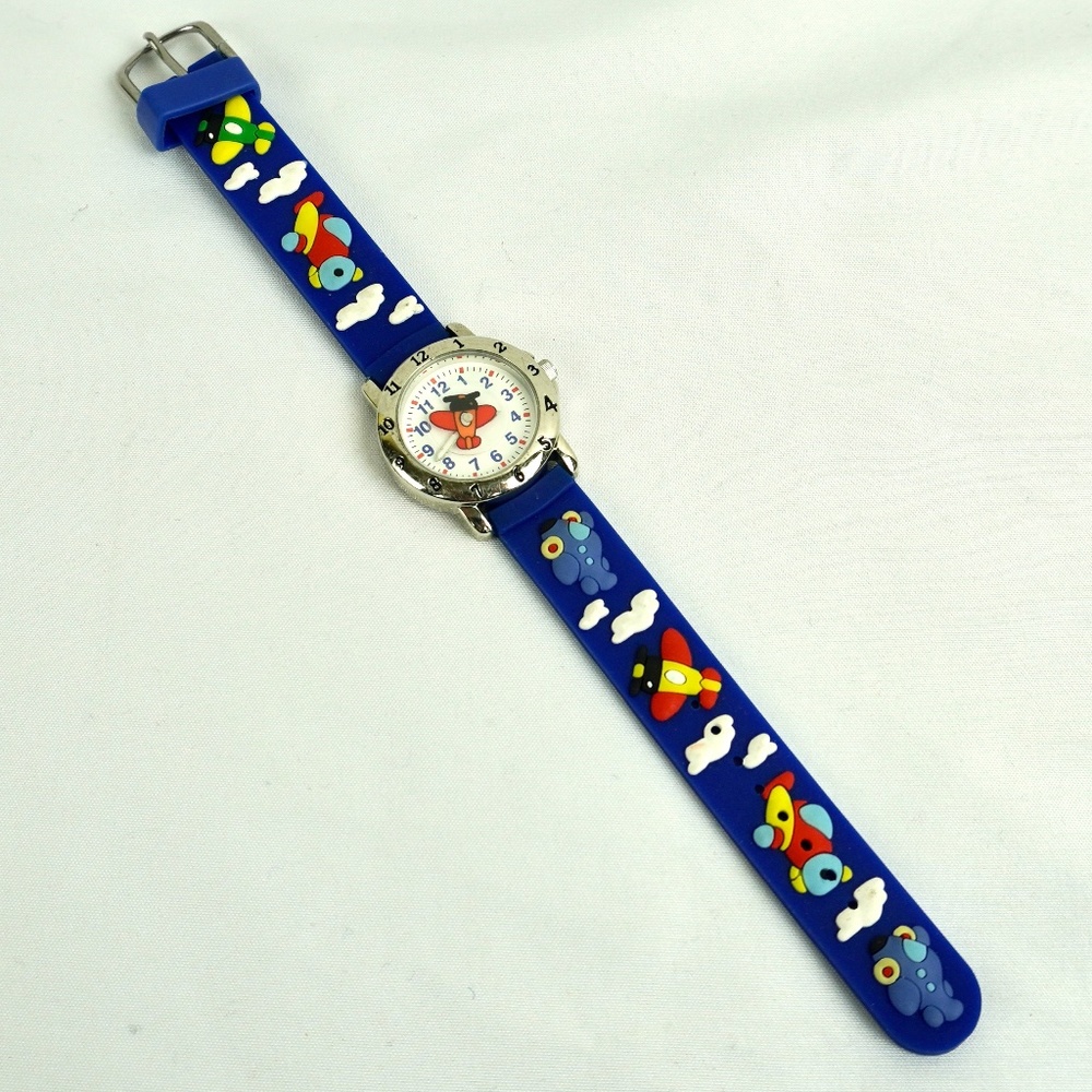 THE KIDS WATCH COMPANY *New Battery* Rotating Airplane Clouds Blue Band 0509